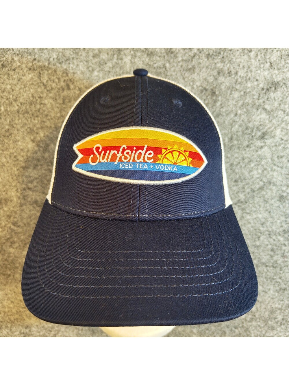 Surfside Iced Tea Vodka Trucker Hat Cap Navy Blue White Surfboard Logo Snapback